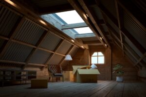 Attic with skylights, boxes, and wooden beams, showcasing the potential for space enhancement.