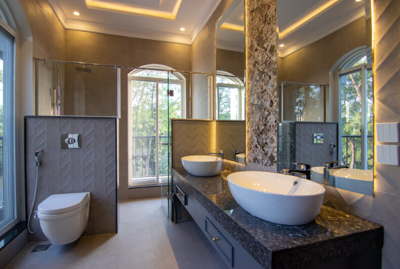Spa-like luxury bathroom with elegant features and calming design, creating a serene, relaxing retreat.