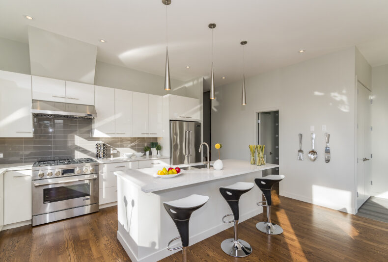 Modern open-concept kitchen with sleek island, promoting efficient workflow and smooth living area.