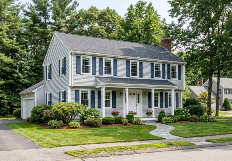 1970s colonial home in Chelmsford MA with fresh exterior paint and maintained siding